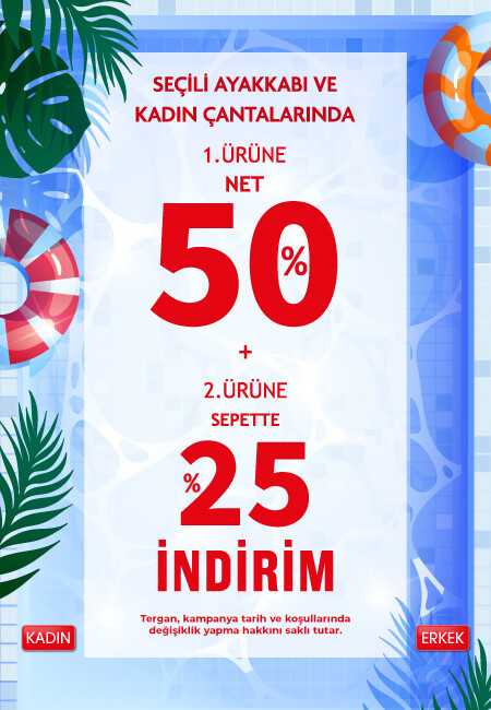 1.Ürüne Net %50, 2.Ürüne Sepette %25 İndirim