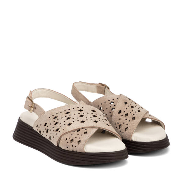 Bej Hakiki Süet Deri Kadın Sandalet - K26Y1SN68594-B79 - 2