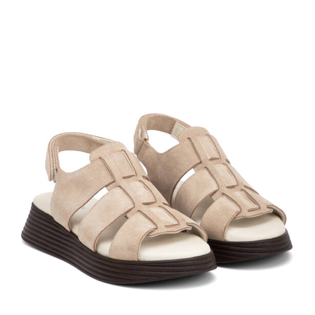 Bej Hakiki Süet Deri Kadın Sandalet - K26Y1SN68595-B79 - 2