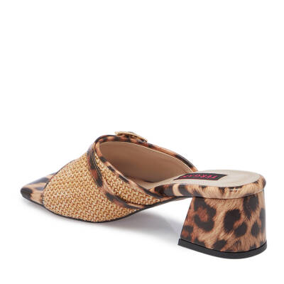 Bej Hasır - Deri Leopar Kadın Terlik - K25Y1TR68005-U7P - 2