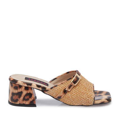 Bej Hasır - Deri Leopar Kadın Terlik - K25Y1TR68005-U7P - 3