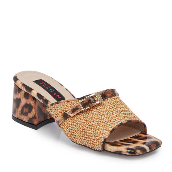 Bej Hasır Leopar Desenli Kadın Terlik - K25Y1TR68005-U7P - 2