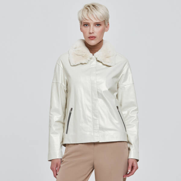 Beyaz Deri Kadın Kürk Mont - K23KDM320371-R5Q - 1