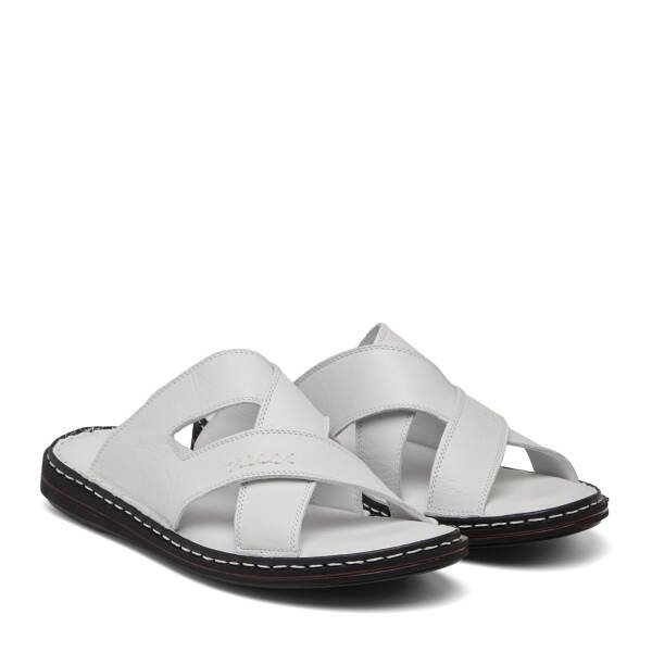 Beyaz Hakiki Deri Erkek Terlik - E26Y1TR57610-A26 - 2