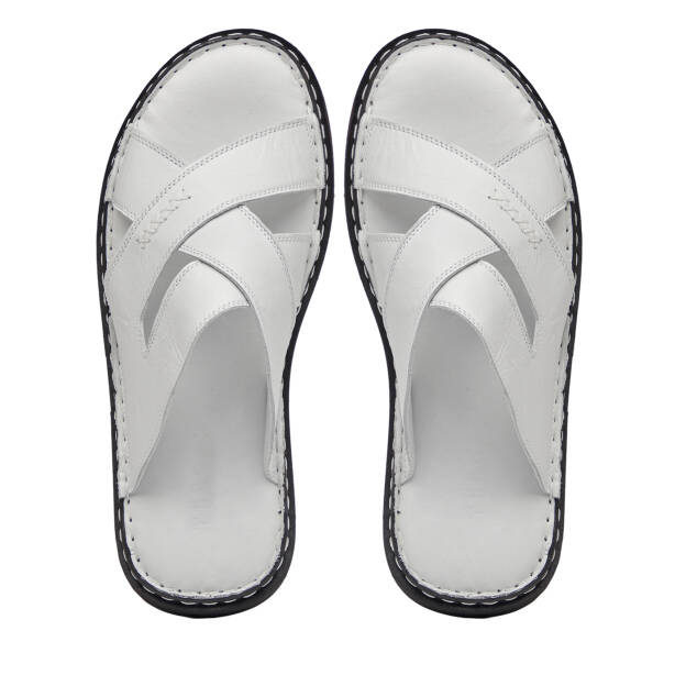 Beyaz Hakiki Deri Erkek Terlik - E26Y1TR57610-A26 - Tergan