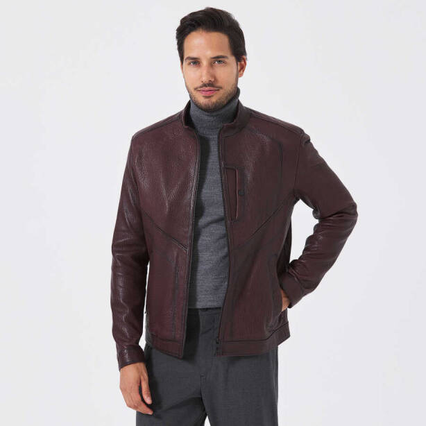Bordo Hakiki Deri Erkek Deri Ceket - E23KDM310506-R4X 