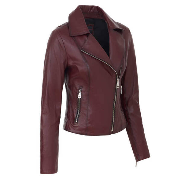 Bordo Deri Kadın Deri Biker Mont - K24IDM320437-Q4N - 2