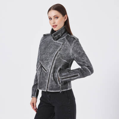 Gri Deri Kadın Deri Biker Mont - K23KDM320402-U1H - 2