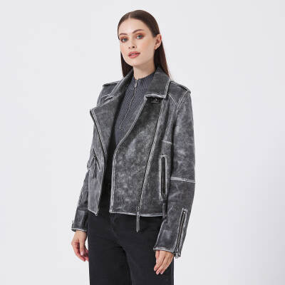 Gri Deri Kadın Deri Biker Mont - K23KDM320402-U1H - 3