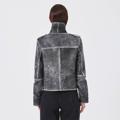 Gri Deri Kadın Deri Biker Mont - K23KDM320402-U1H - 4
