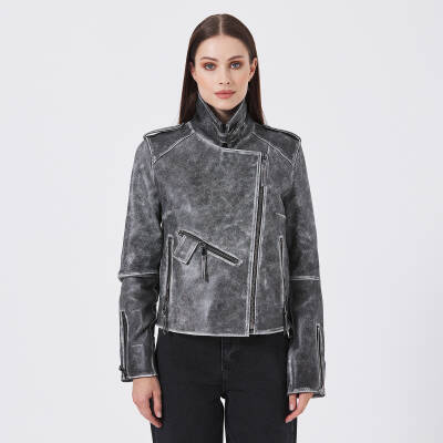 Gri Deri Kadın Deri Biker Mont - K23KDM320402-U1H 