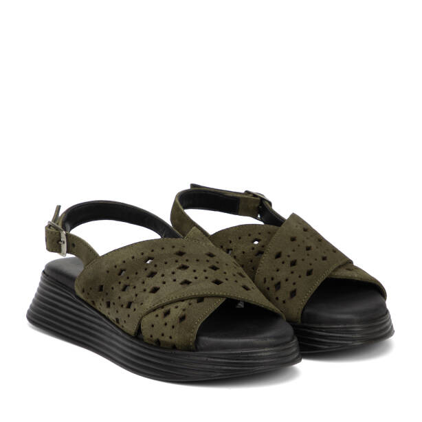 Haki Hakiki Süet Deri Kadın Sandalet - K26Y1SN68594-J86 - 2