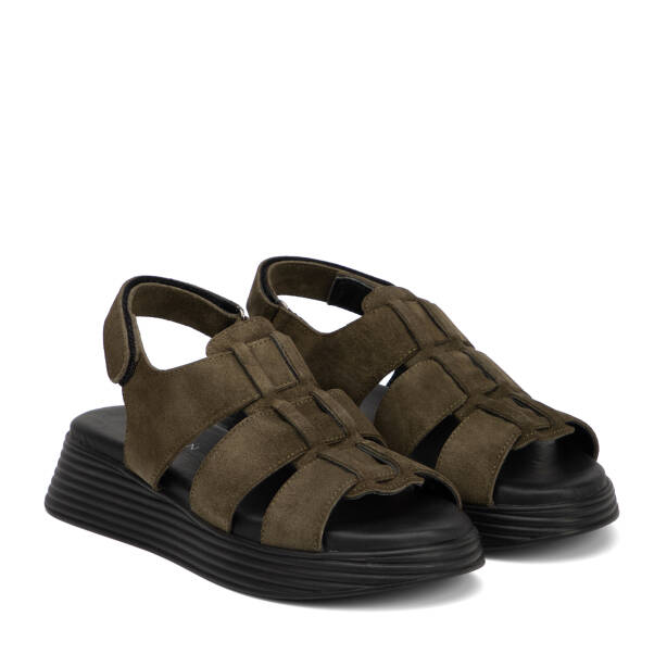 Haki Hakiki Süet Deri Kadın Sandalet - K26Y1SN68595-J86 - 2