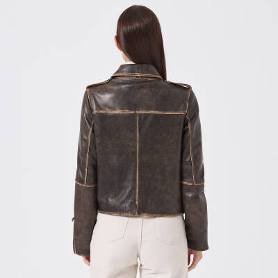 Kahve Deri Kadın Deri Biker Mont - K23KDM320402-U1I - 3