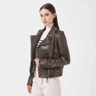 Kahve Deri Kadın Deri Biker Mont - K23KDM320402-U1I - 2