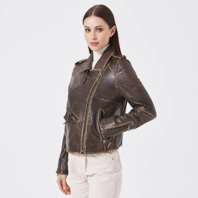 Kahve Deri Kadın Deri Biker Mont - K23KDM320402-U1I - 4