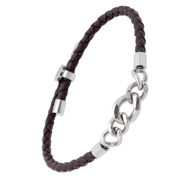 Kahverengi Deri - Çelik Erkek Bileklik - E1BLK0410310-D63 - 2