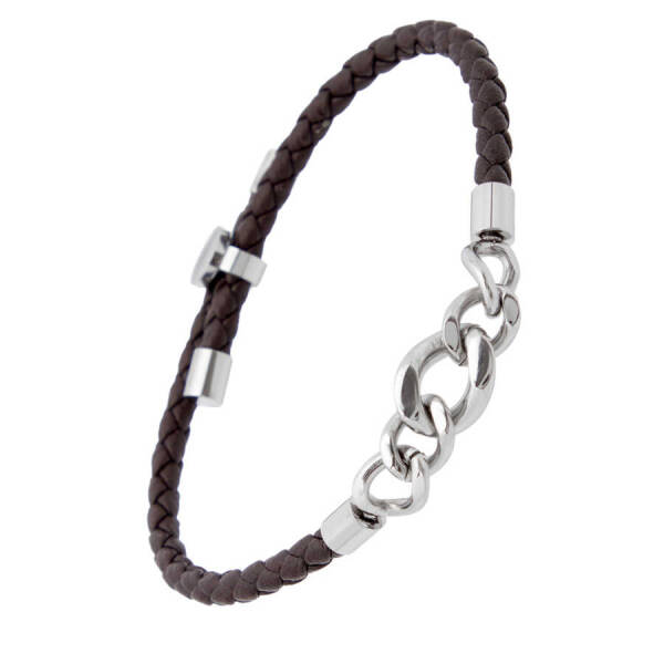 Kahverengi Deri - Çelik Erkek Bileklik - E1BLK0410310-D63 - 2