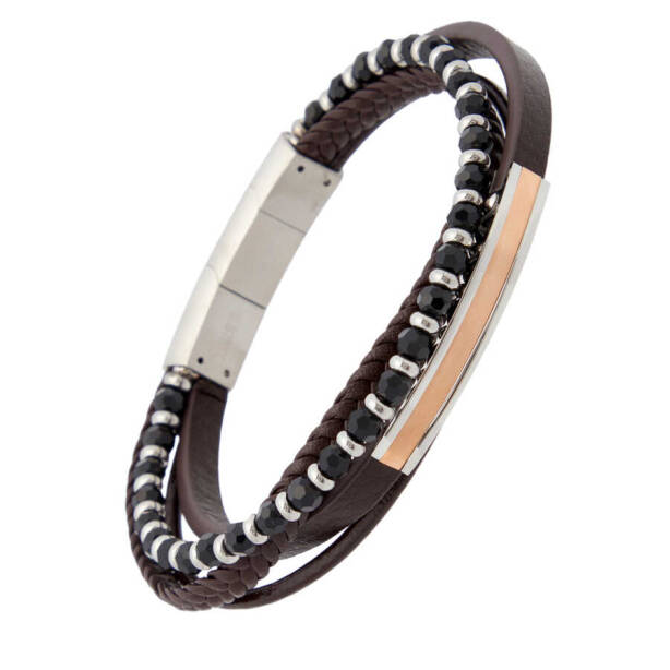 Kahverengi Deri - Çelik Erkek Bileklik - E1BLK0410314-D63 - 2