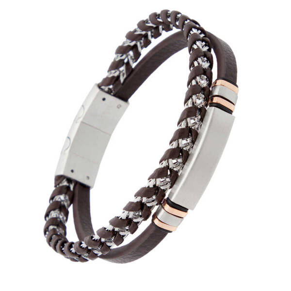 Kahverengi Deri - Çelik Erkek Bileklik - E1BLK0410319-U0O - 2