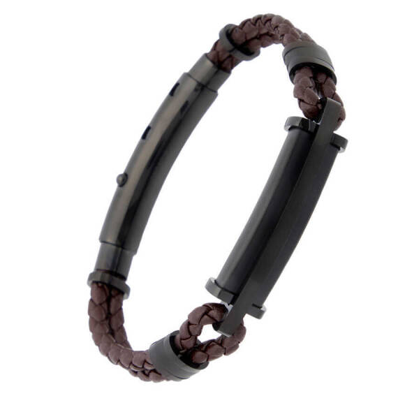 Kahverengi Deri - Çelik Erkek Bileklik - E1BLK0410322-D63 - 2