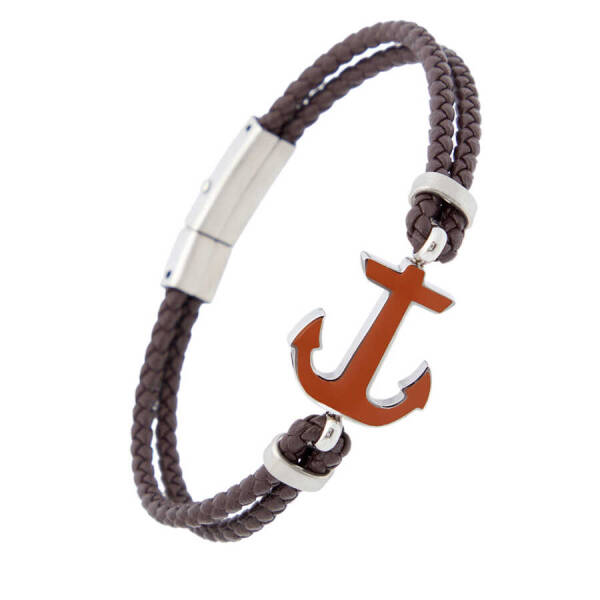 Kahverengi Deri - Çelik Erkek Bileklik - E1BLK0410323-D63 - 2