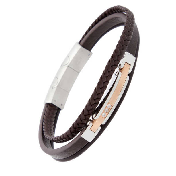 Kahverengi Deri - Çelik Erkek Bileklik - E1BLK0410329-D63 - 2