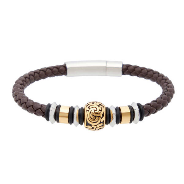 Kahverengi Deri - Çelik Erkek Bileklik - E1BLK0410332-D63 - 1