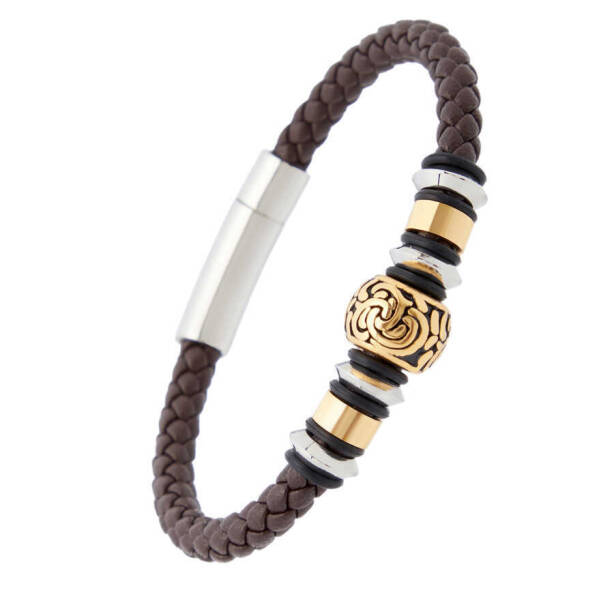 Kahverengi Deri - Çelik Erkek Bileklik - E1BLK0410332-D63 - 2