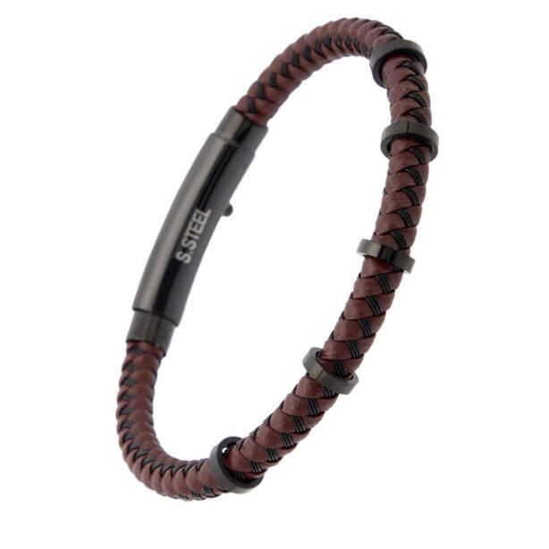 Kahverengi Deri - Çelik Erkek Bileklik - E1BLK0410339-D63 - 2