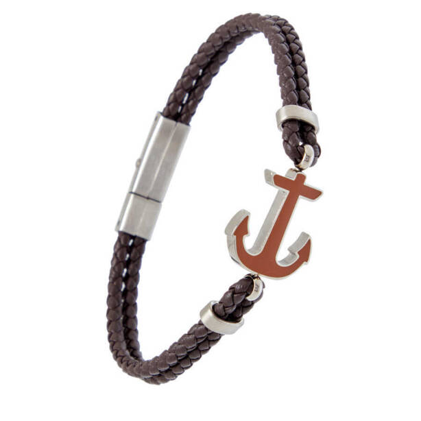 Kahverengi Deri - Çelik Erkek Bileklik - E1BLK0410415-D63 - 2