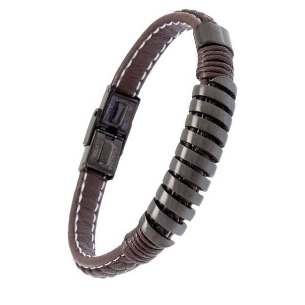 Kahverengi Deri - Çelik Erkek Bileklik - E1BLK0410444-D63 - 2