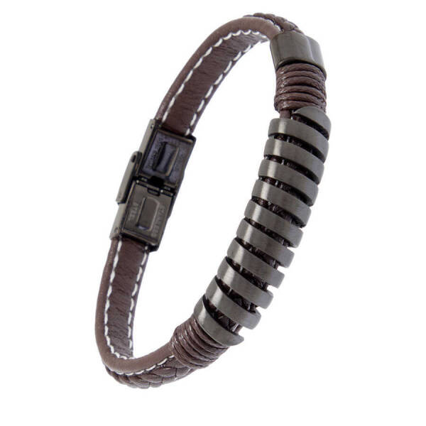 Kahverengi Deri - Çelik Erkek Bileklik - E1BLK0410444-D63 - 2
