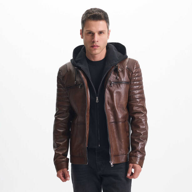 Kahverengi Deri Erkek Deri Biker Mont - E24KDM310588-Q4Q - Tergan