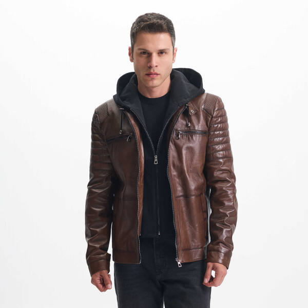 Kahverengi Deri Erkek Deri Biker Mont - E24KDM310588-Q4Q - 1