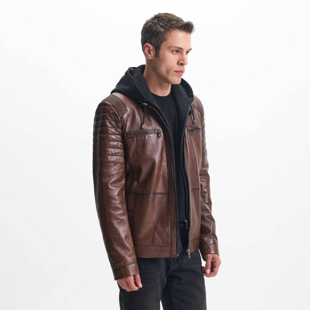 Kahverengi Deri Erkek Deri Biker Mont - E24KDM310588-Q4Q - 2
