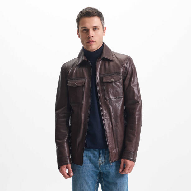 Kahverengi Deri Erkek Deri Ceket - E24KDM310590-R4W - Tergan