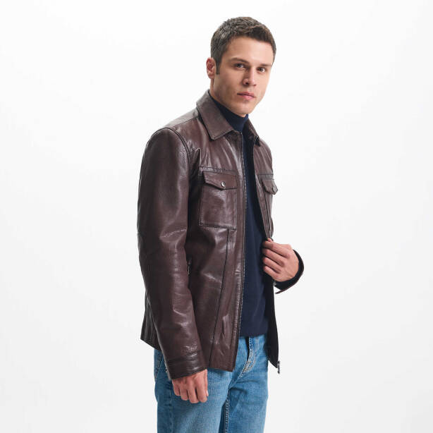 Kahverengi Deri Erkek Deri Ceket - E24KDM310590-R4W - Tergan