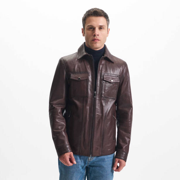 Kahverengi Deri Erkek Deri Ceket - E24KDM310590-R4W - Tergan