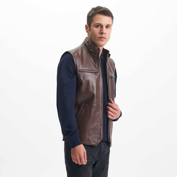 Kahverengi Deri Erkek Deri Yelek - E24IDY310563-Q3I - Tergan Four Season