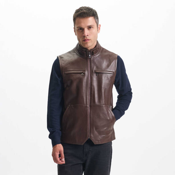 Kahverengi Deri Erkek Deri Yelek - E24IDY310563-Q3I - Tergan Four Season