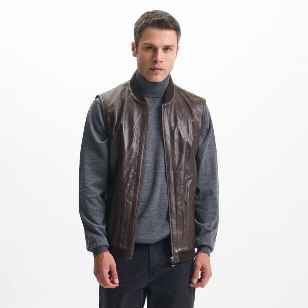 Kahverengi Deri Erkek Deri Yelek - E24IDY310565-Q3I - Tergan Four Season