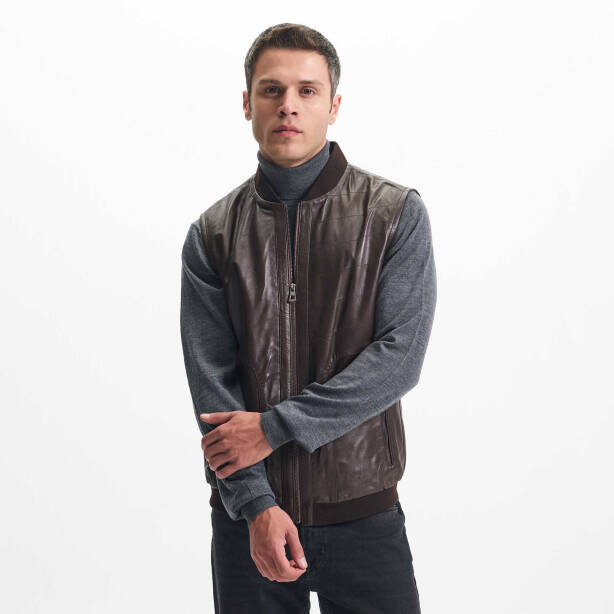 Kahverengi Deri Erkek Deri Yelek - E24IDY310565-Q3I - Tergan Four Season