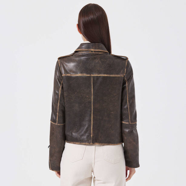 Kahverengi Deri Kadın Deri Biker Mont - K23KDM320402-U1I - Tergan