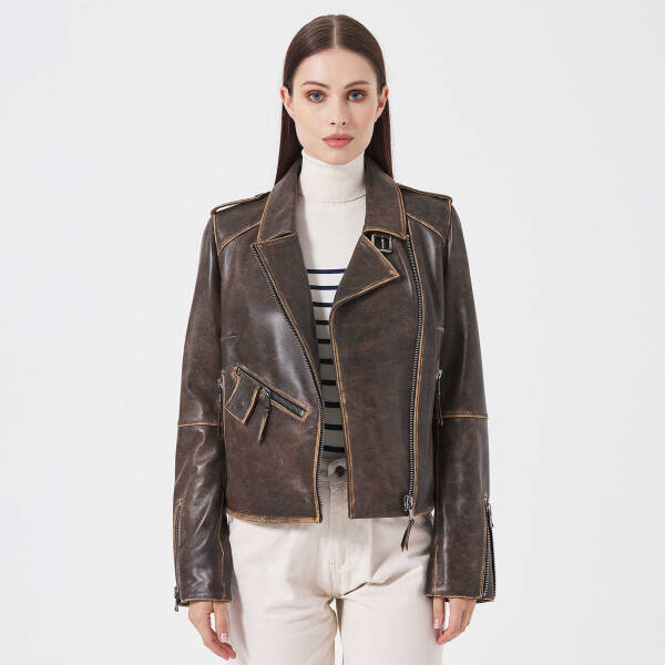 Kahverengi Deri Kadın Deri Biker Mont - K23KDM320402-U1I - 1