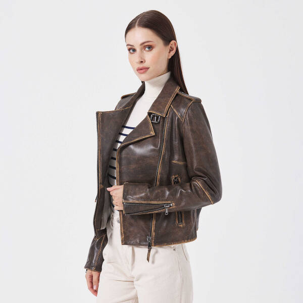 Kahverengi Deri Kadın Deri Biker Mont - K23KDM320402-U1I - 2