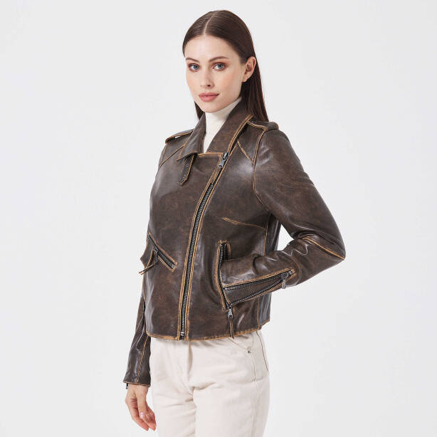 Kahverengi Deri Kadın Deri Biker Mont - K23KDM320402-U1I - Tergan