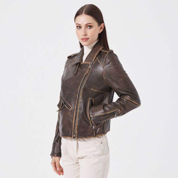 Kahverengi Deri Kadın Deri Biker Mont - K23KDM320402-U1I - 4