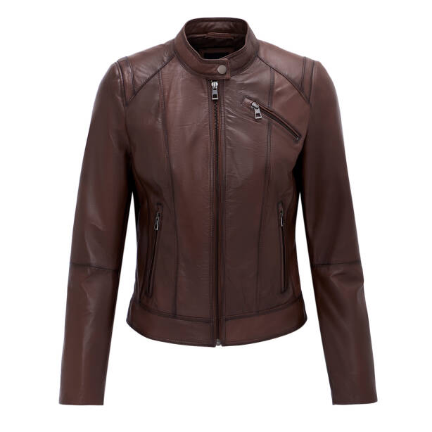 Kahverengi Deri Kadın Deri Biker Mont - K25GRJ320480-202 - Tergan