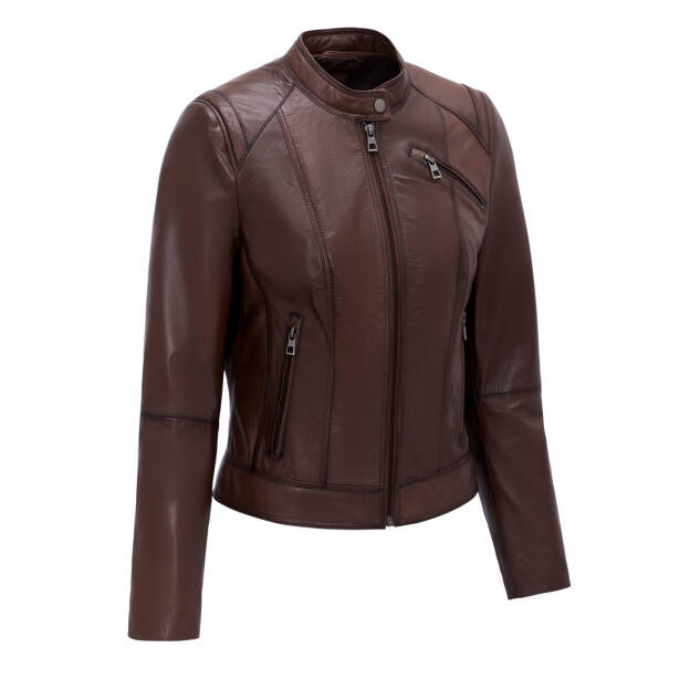 Kahverengi Deri Kadın Deri Biker Mont - K25GRJ320480-202 - Tergan